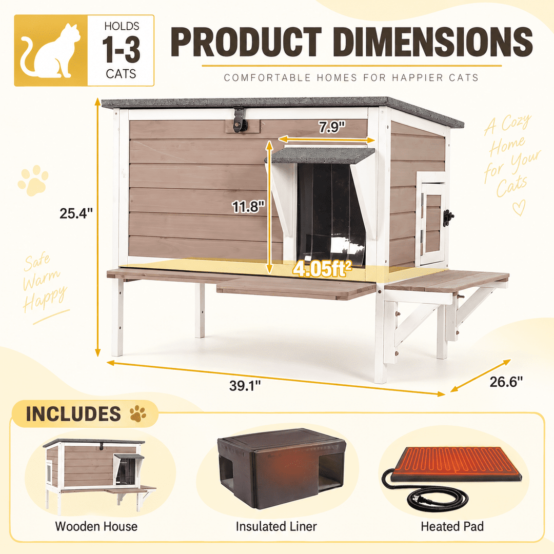 MEDEHOO 33" Heated Outdoor Cat House, Weatherproof Feral Cat Shelter for Winter with Safe Electric Heater, 6-Side Insulated Liner and Escape Door, Light Brown