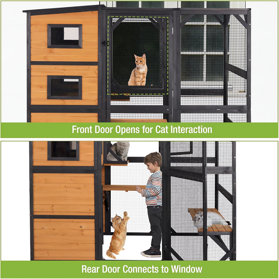 MEDEHOO 77" Large Catio Cat Enclosure for Outdoor, Weatherproof Window Catio with Roof, with 4 Resting Platforms, Indestructible Feral Cat Shelter for Backyard