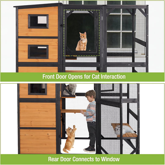 MEDEHOO 77" Large Catio Cat Enclosure for Outdoor, Weatherproof Window Catio with Roof, with 4 Resting Platforms, Indestructible Feral Cat Shelter for Backyard