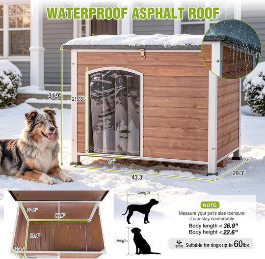 MEDEHOO 43.3" Heated Dog House Outdoor, XL Insulated Weatherproof Kennel with Heating Pad &amp; Chew-Proof Metal Frame DH76-MB-IN-HP-4DML-WM2