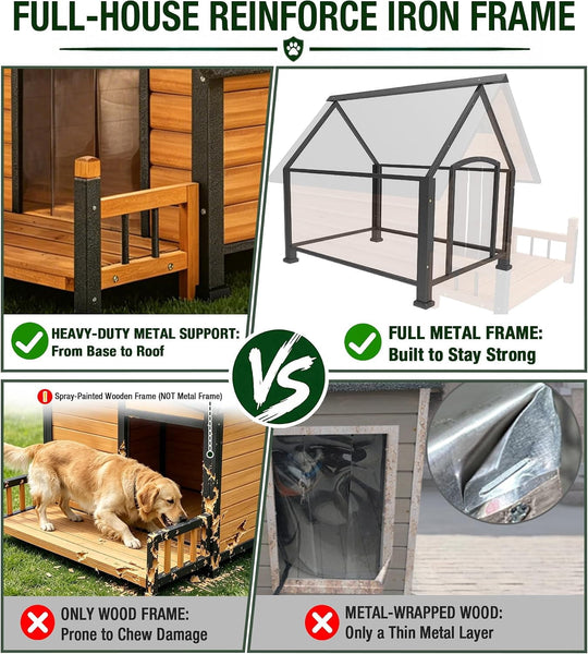 MEDEHOO Heated Dog House for Outside with Chewproof Iron Frame, Porch, Heating Pad, Insulated Liner, Weatherproof Asphlat Roof Large Dog Cage Brown