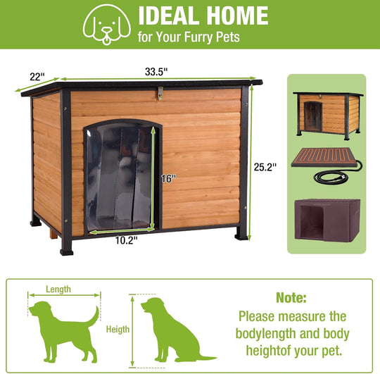 MEDEHOO Heated Outdoor Dog House with Insulated Liner for Medium Breeds Weatherproof Wooden Dog Kennel with Openable Asphalt Roof, Chew-Proof Metal Frame Brown