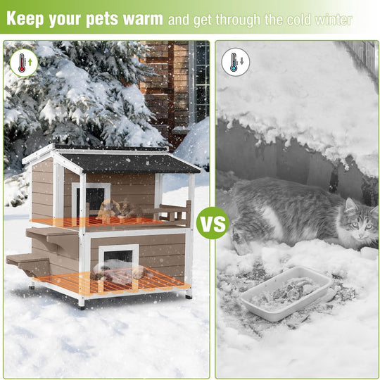 MEDEHOO Heated Cat House Outdoor 2 Story Insulated Liner Feral Cat Shelter Weatherproof for Outside with Heated Pad（Brown）