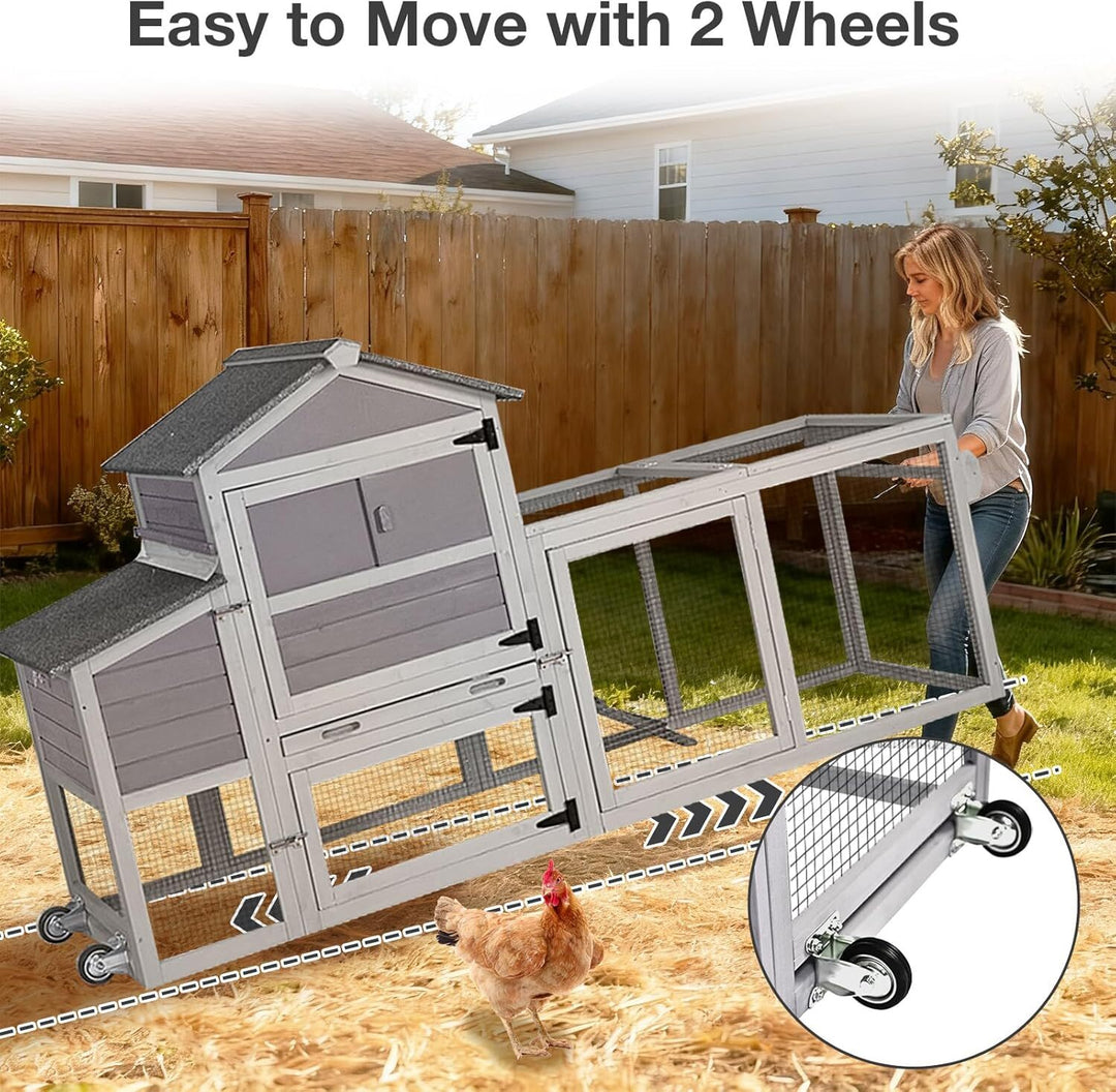 MEDEHOO Mobile Wooden Chicken Coop with Wheels, Large Chicken House with Nesting Box &amp; Removable Tray Outdoor Hen House (Grey, 45.3”L×26.8”W×35.4”H) AIR72-D14-WM
