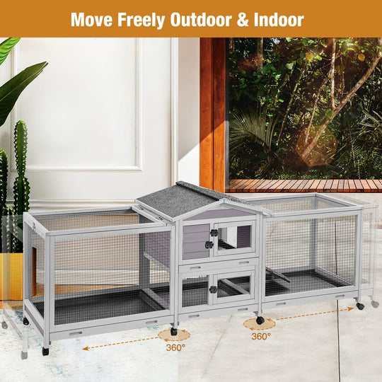 MEDEHOO Rabbit Hutch Guinea Pig Cage with Double Run Indoor Bunny Hutch Outdoor Rabbit House with Deeper No Leak Trays and Wheels AIR65-N