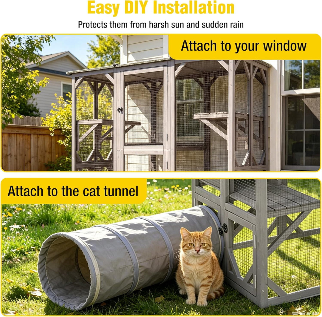 MEDEHOO Catio Outdoor Cat Enclosure with 7 Platforms, 2 Resting Boxes, Large Window Cat House for 6-8 Mulitiple Cats Walk in Kitty Cage with Weatherproof Tarp Roof 71"