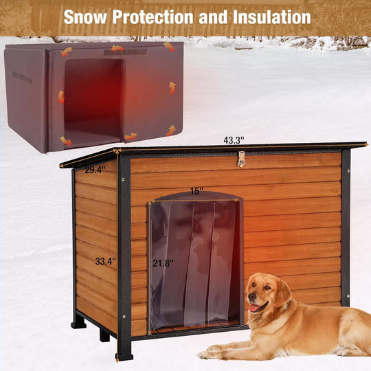 43.3" Large Wooden Dog House with Insulated Liner Outdoor Puppy Shelter Anti-Bite Iron Frame-Brown