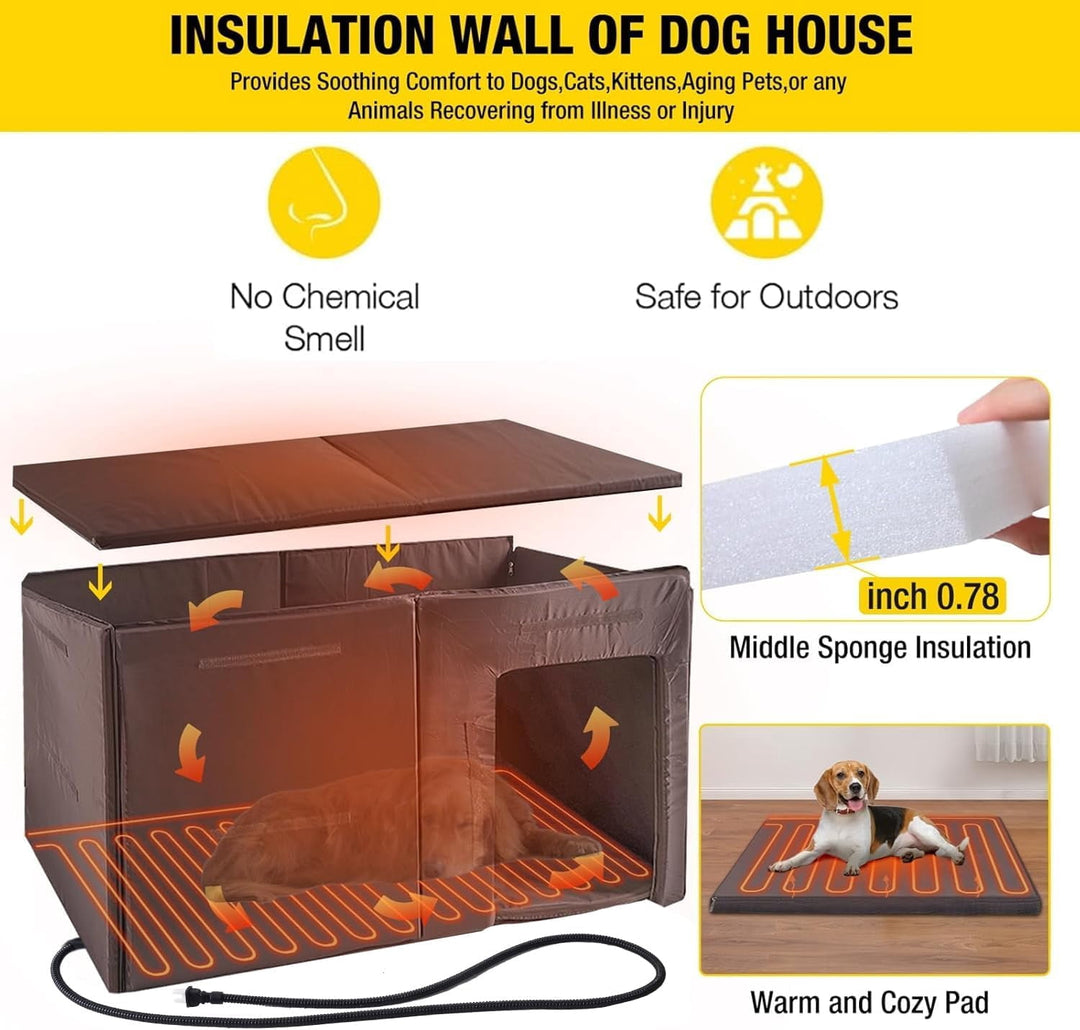 MEDEHOO Extra Large Heated Insulated Dog House Wooden Outdoor Dog Kennel for Winter 59"
