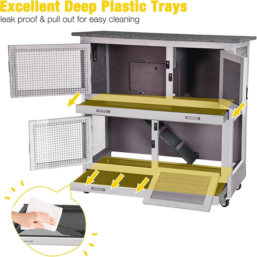 MEDEHOO 36" L Rabbit Hutch Indoor Bunny Cage Outdoor 2 Story Bunny Hutch with Weatheproof Roof Pull-Out Tray Ramp Large Guinea Pig Cage on Wheels