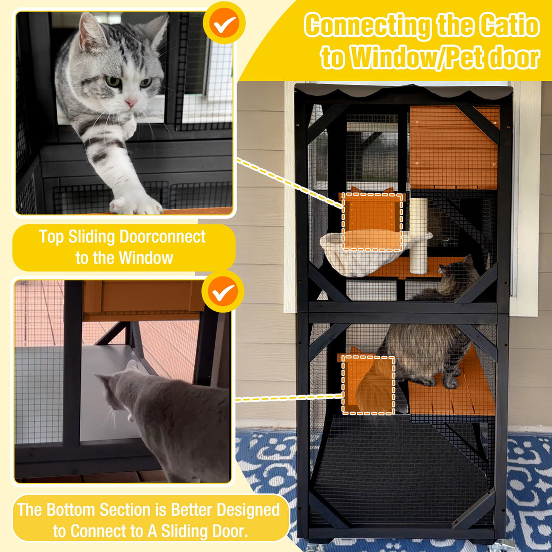 62.8" Catio Outdoor Cat Enclosure, Mobile Catio Enclosure Indoor On Wheels with Scratch Post, Hammock, Resting Box, Platform, Tarp Roof, Black