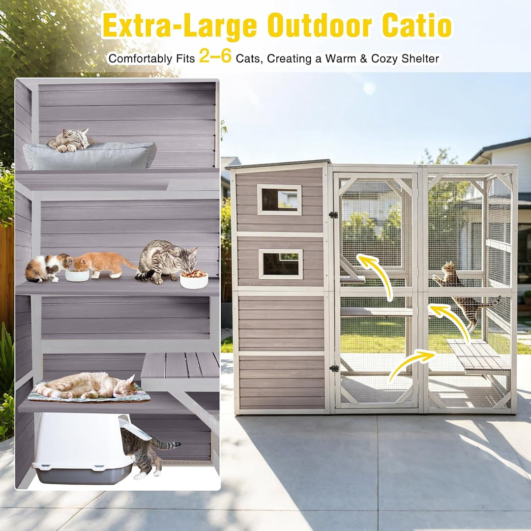 Catio Cat Enclosure Large Window Cat House for Outdoor Cats, 69.3" H Walk-in Kitty Cage Cat House with Weatherproof Roof, 3 Resting Rooms, 3 Platforms &amp; Windows - Grey AIR54-M