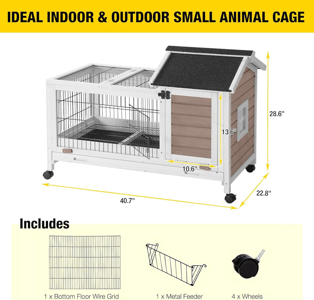 MEDEHOO Rabbit Hutch Indoor Bunny Cage Outdoor Bunny House with Wire Floor Leakproof Plastic Tray, Brown
