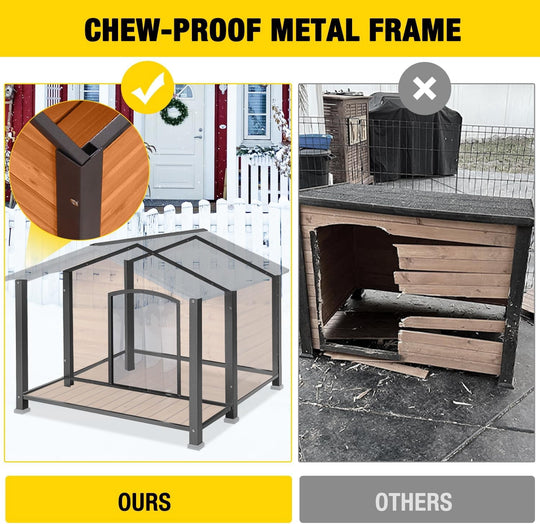 MEDEHOO Heated Outdoor Dog House - Weatherproof Insulated Wooden Shelter with Iron Frame, Large Porch for Medium &amp; Large Dogs, Indoor/Outdoor Kennel(XL)