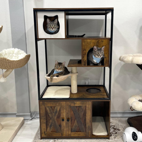 MEDEHOO Cat Litter Box Furniture Enclosure 4 Levels Cat Tree Hidden Cabinet with Storage and Scratch,4 Tiers AIR102-J-WM