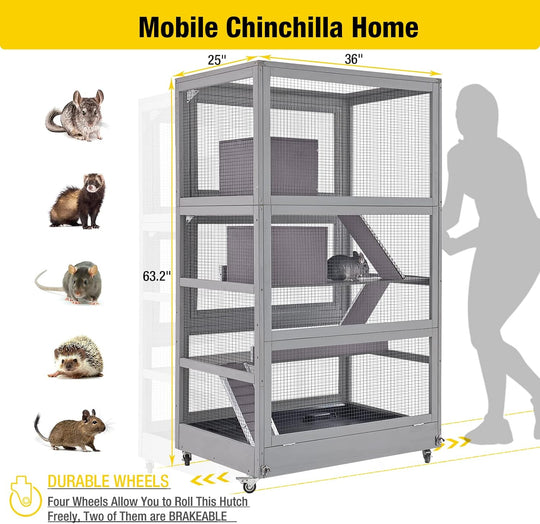 MEDEHOO Chinchilla Cage Rolling Small Animal Cages for Rats Ferrets Guinea Pigs with Removable Tray and Wheels, 4-Tier, Gray AIR56-WM