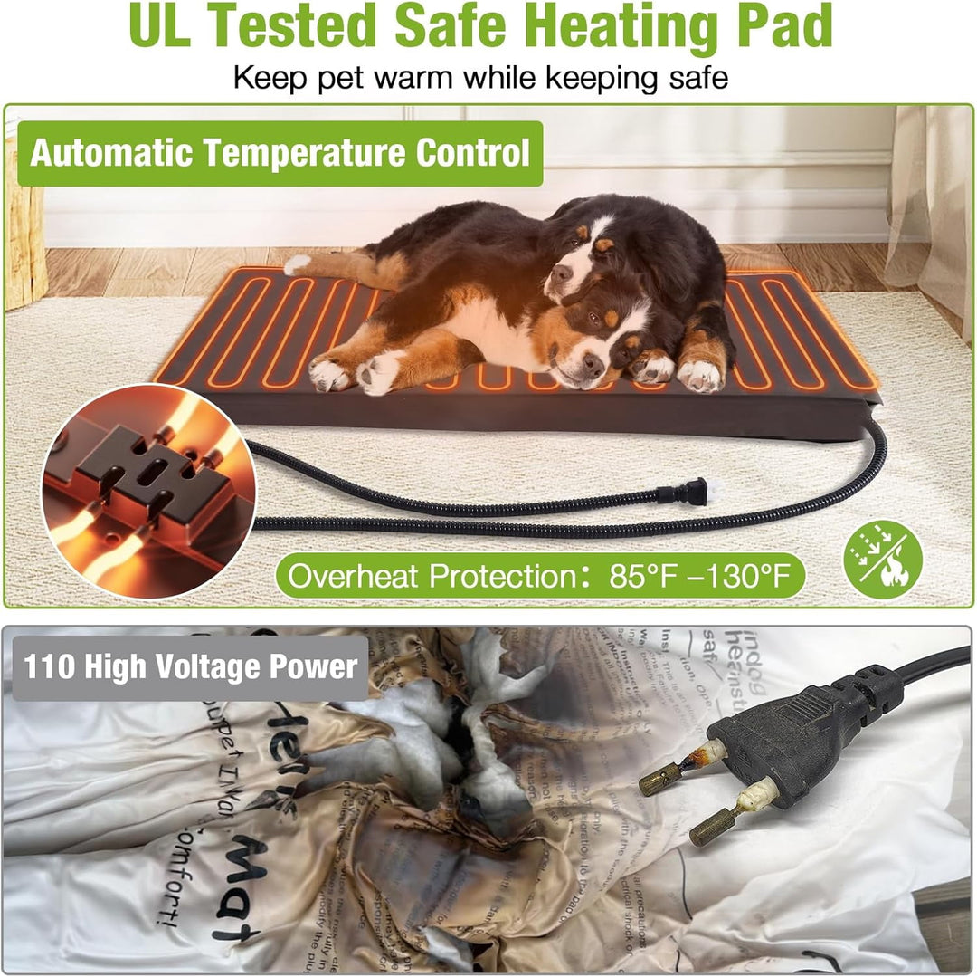 MEDEHOO Heated Dog House Outdoor Dog Kennel with Safe Heated Pad, Chew-Proof Metal Frame and Rotating Food Bowl for Small to Medium Dogs, 44.6" L x 41.1" W x 32.9“H (Brown)