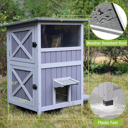 MEDEHOO 2-Story Outdoor Cat House, Weatherproof Feral Cat Shelter, Wooden Cat Cage for Outdoor and Indoor Cats Gray