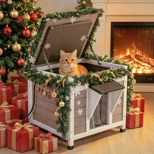 MEDEHOO Outdoor Cat House with Insulated Liner Weatherproof Cat Shelter with Insulation Liner, Elevated Base &amp; Openable Roof for Stray/Feral Cats for Winter AIR12-B-IN-PA-WM