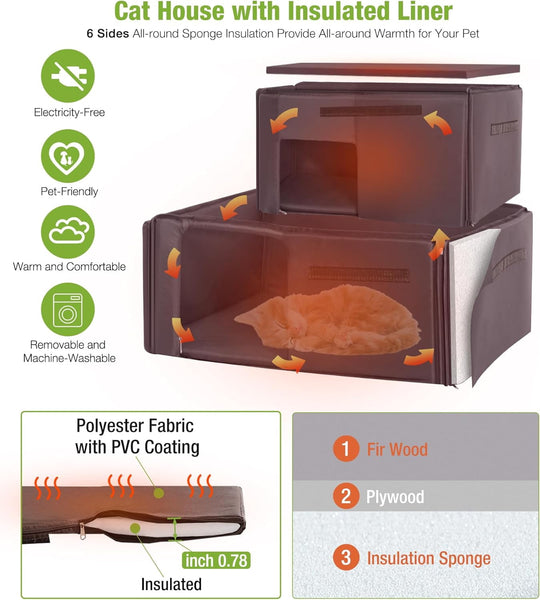 MEDEHOO Insulated Cat House Outdoor for Winter, Wooden Weatherproof Outside Feral Cat Shelter with Liner, Large Balcony, Escape Door, PVC Door Strip, for Outdoor &amp; Indoor