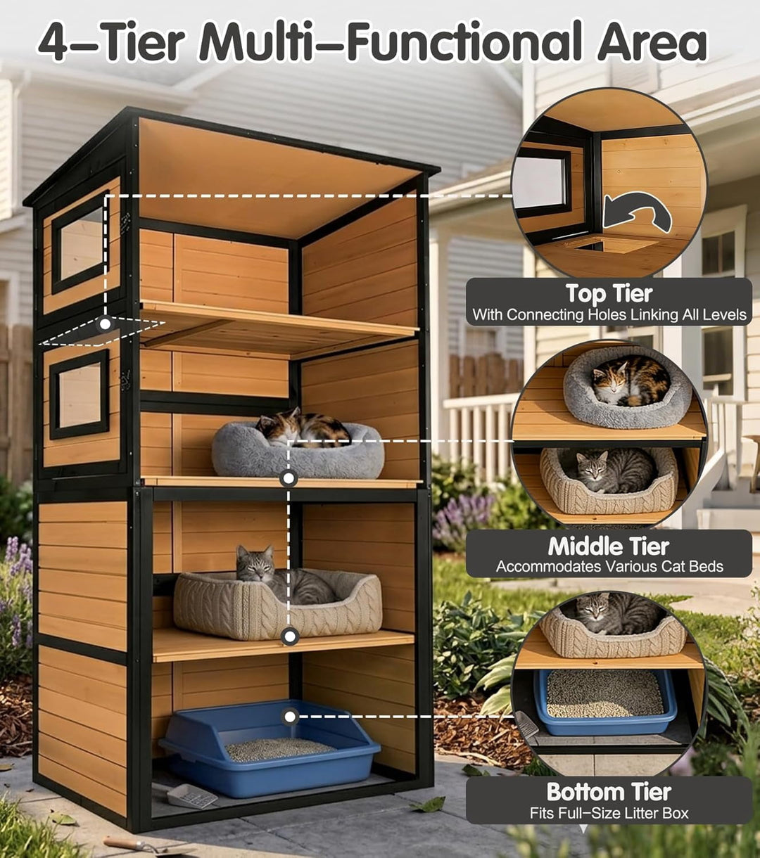 MEDEHOO 77" Large Catio Outdoor Cat Enclosure, 4 Tiers Cat House for Outdoor Indoor with Weatherproof Roof, 3 Resting Rooms, 3 Platforms, 5 Windows