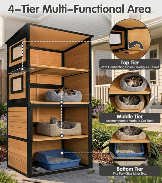 MEDEHOO 77" Large Catio Outdoor Cat Enclosure, 4 Tiers Cat House for Outdoor Indoor with Weatherproof Roof, 3 Resting Rooms, 3 Platforms, 5 Windows