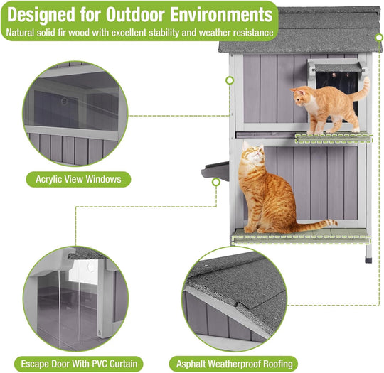MEDEHOO Insulated Outdoor Cat House for Winter Feral Cat Shelter Weatherproof 2-Story AIR94-IN-N