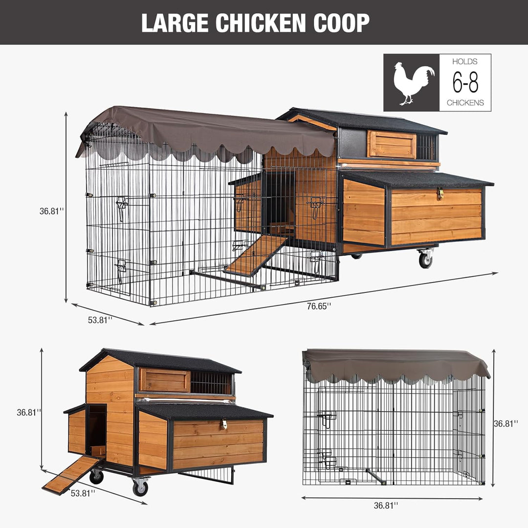 MEDEHOO Large Chicken Coop with Run, Mobile Chicken House with Wheels and All-Around Iron Frame,Portable Poultry Cage for 6-10 Chickens, Nesting Box