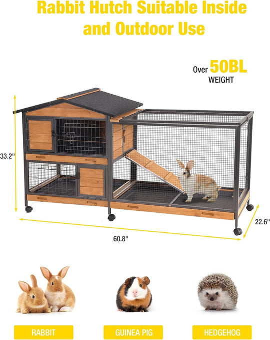 MEDEHOO 2-Story Rabbit Hutch with Chew-Proof Full Metal Frame for Indoor/Outdoor - 62" Bunny Cage with 6 Locking Casters &amp; 2 Pull-Out Trays for Rabbits, Guinea Pigs, Small Pets (Brown)