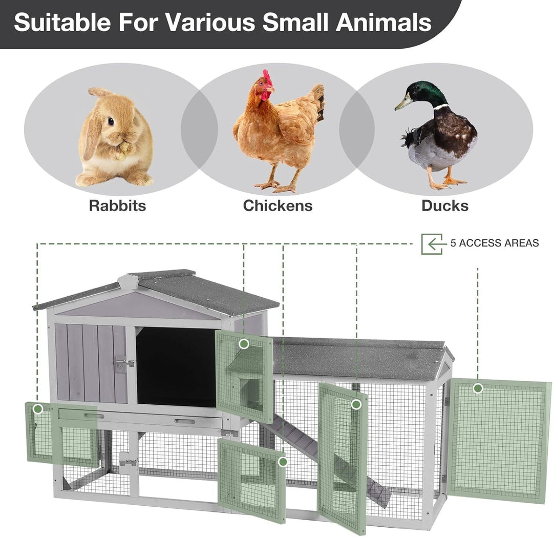 Chicken Coop Outdoor, Wooden Chicken House with Leakproof Tray and Waterproof Roof, Small Chicken Coops for 2 Chickens, Duck House, Rabbit Hutch (Gray) CK02-4DML-WM