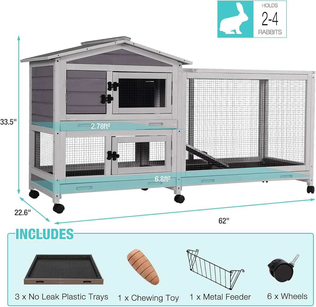 BUTINGLALE 62" Rabbit Hutch with Chew-Proof Ramp &amp; Waterproof Roof - Indoor/Outdoor Bunny Cage, 2-Story Design, 6 Lockable Caster Wheels &amp; Dual Pull-Out Trays (Grey) RH-AIR19-MA