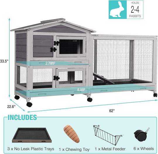 BUTINGLALE 62" Rabbit Hutch with Chew-Proof Ramp &amp; Waterproof Roof - Indoor/Outdoor Bunny Cage, 2-Story Design, 6 Lockable Caster Wheels &amp; Dual Pull-Out Trays (Grey) RH-AIR19-MA