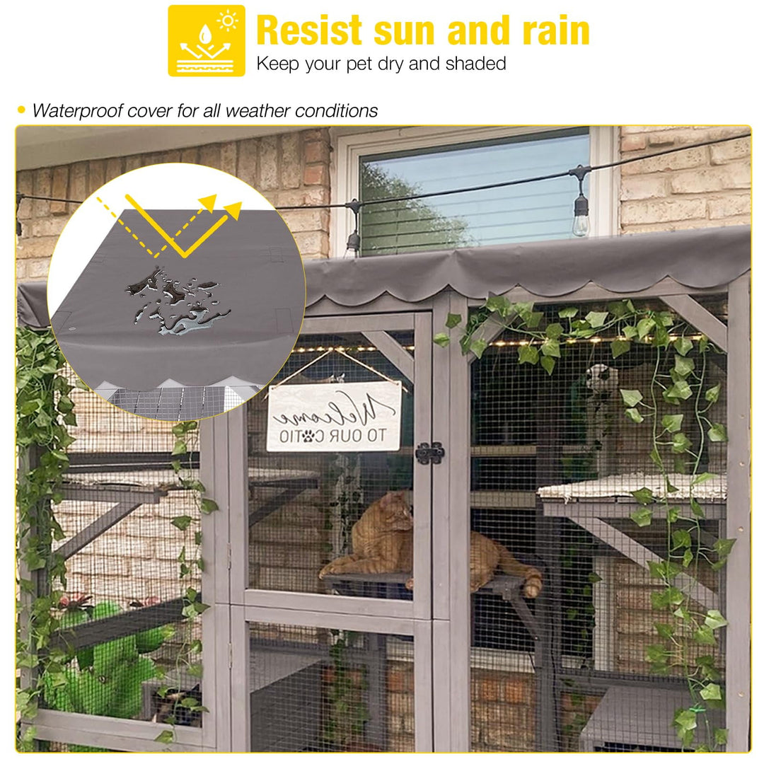 MEDEHOO Cat House Outdoor Catio Kitty Enclosure, Wooden Cat Cage Condo Indoor Playpen with Large Enter Door and Platforms for Kittens