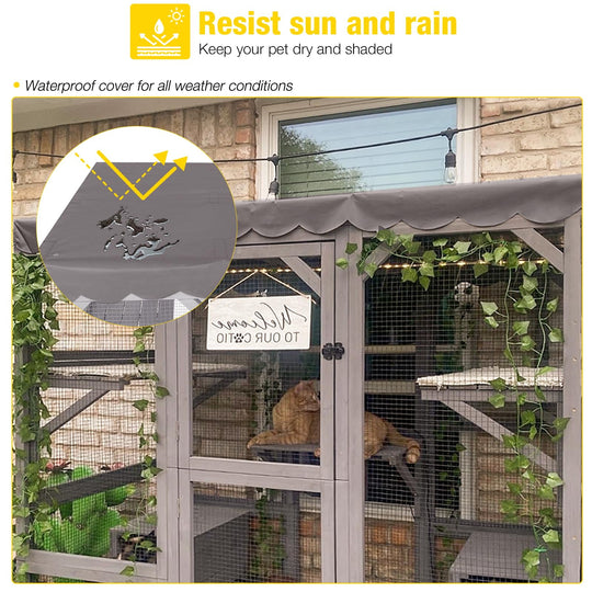 MEDEHOO Cat House Outdoor Catio Kitty Enclosure, Wooden Cat Cage Condo Indoor Playpen with Large Enter Door and Platforms for Kittens