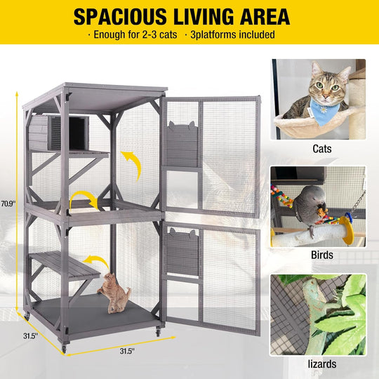 MEDEHOO Catio Outdoor Cat Enclosure Window Cat House on Wheels Large Movable Cat Cages Indoor for Mulitiple Cats with Tarp Roof,Platforms,Resting Box