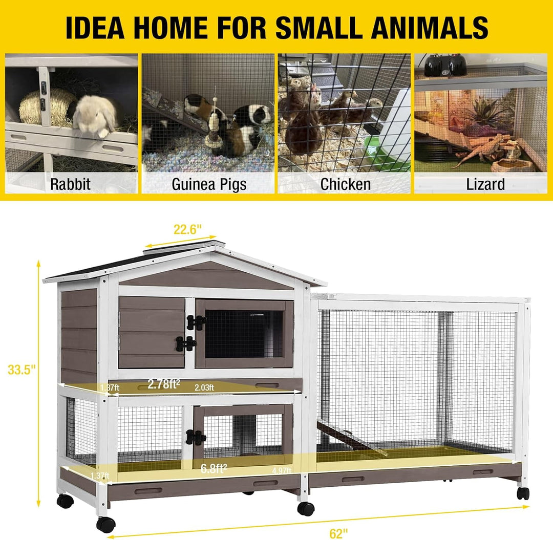 MEDEHOO Rabbit Hutch Wooden Bunny Cage Indoor Outdoor Guinea Pig Cage on Wheels Large AIR19-B-WM