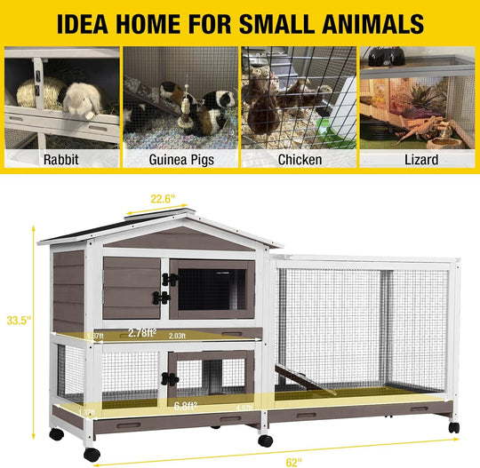 MEDEHOO Rabbit Hutch Wooden Bunny Cage Indoor Outdoor Guinea Pig Cage on Wheels Large AIR19-B-WM