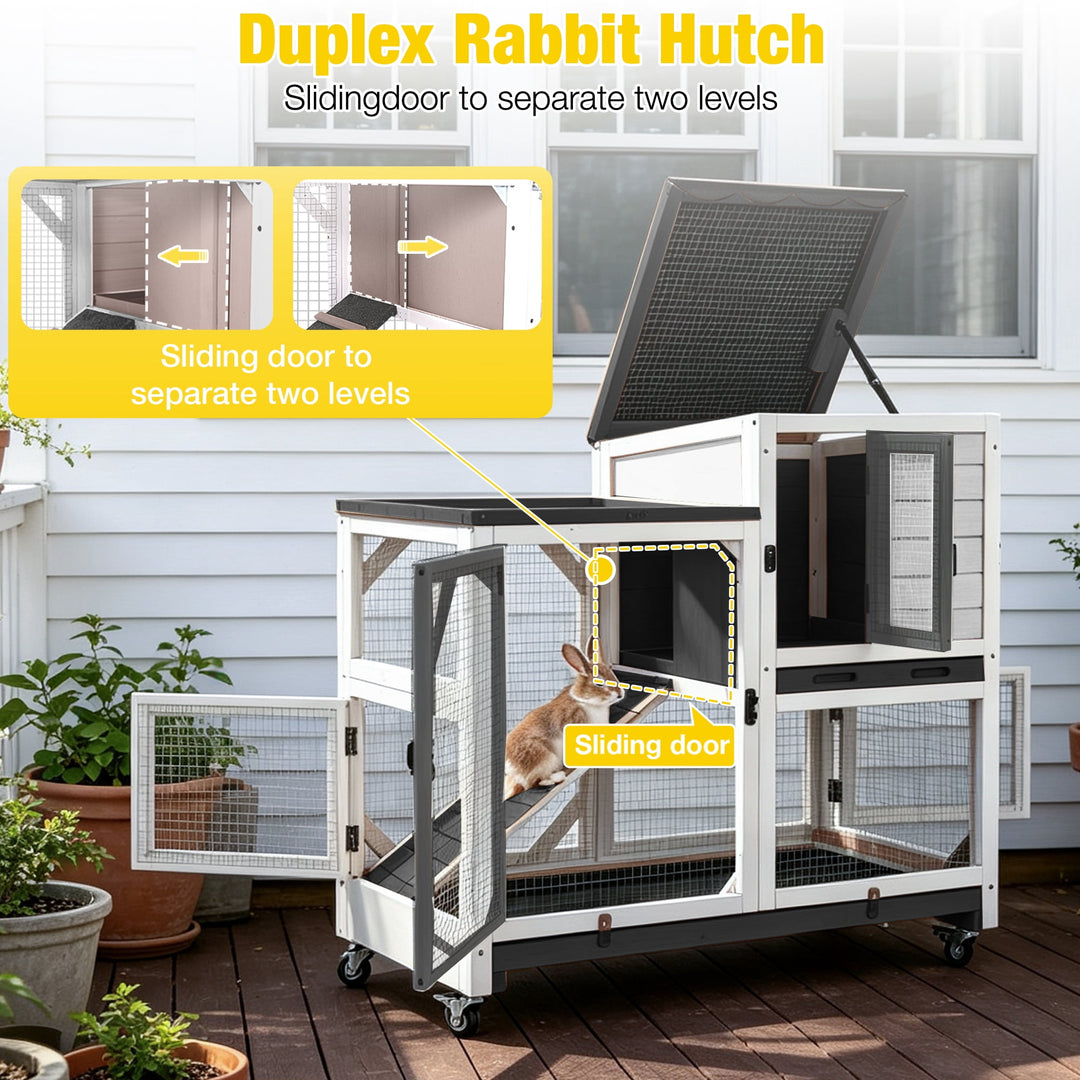 MEDEHOO Indoor Rabbit Hutch Outdoor Bunny Cage on Wheels, 2 Story Wood Guinea Pig Cages with 2 Deeper Pull Out Trays (Black &amp; White) AIR7013-BW-WM