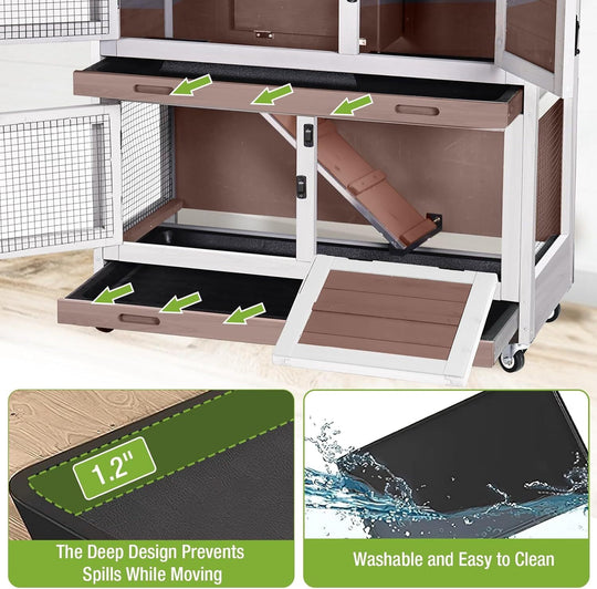MEDEHOO Rabbit Hutch Indoor, 36'' Bunny Hutch Outdoor, Mobile Rabbit Cage with Wheels, 2-Story Bunny Cage with 2 Pull Out Trays, Wooden Guinea Pig Cage (Brown)