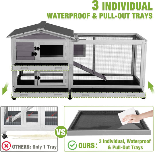MEDEHOO 2-Story Rabbit Hutch Indoor Large Bunny Cage with Chew-Proof Ramp - Wooden Rabbit Cage Outdoor with 6 Lockable Caster Wheels &amp; Dual Pull-Out Trays for Rabbits, 62"L x 22.6"W x 33.5"H (Grey) AIR19-G-MAR-WM