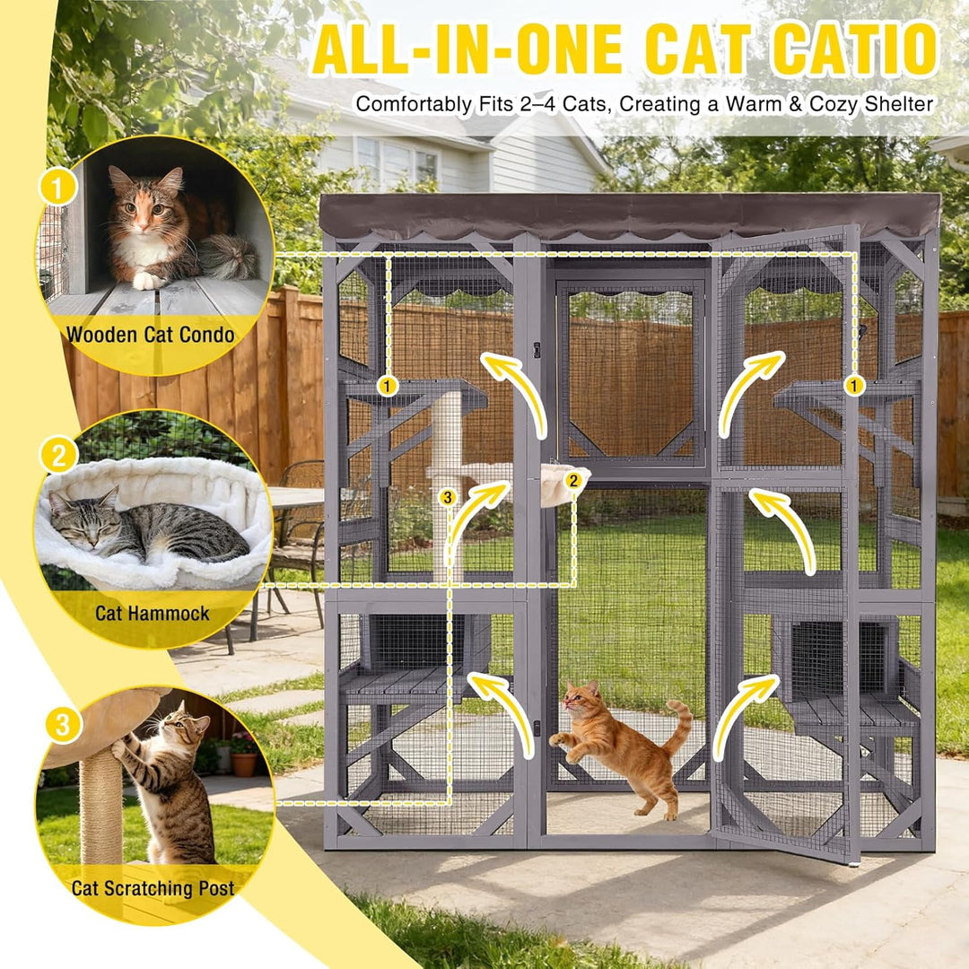 MEDEHOO 70" Large Catio Outdoor Cat Enclosure, Window Catio Wooden Cat House Walk-in Cat Cage with 7 Platforms, Scratch Post, Hammock for 2-6 Cats