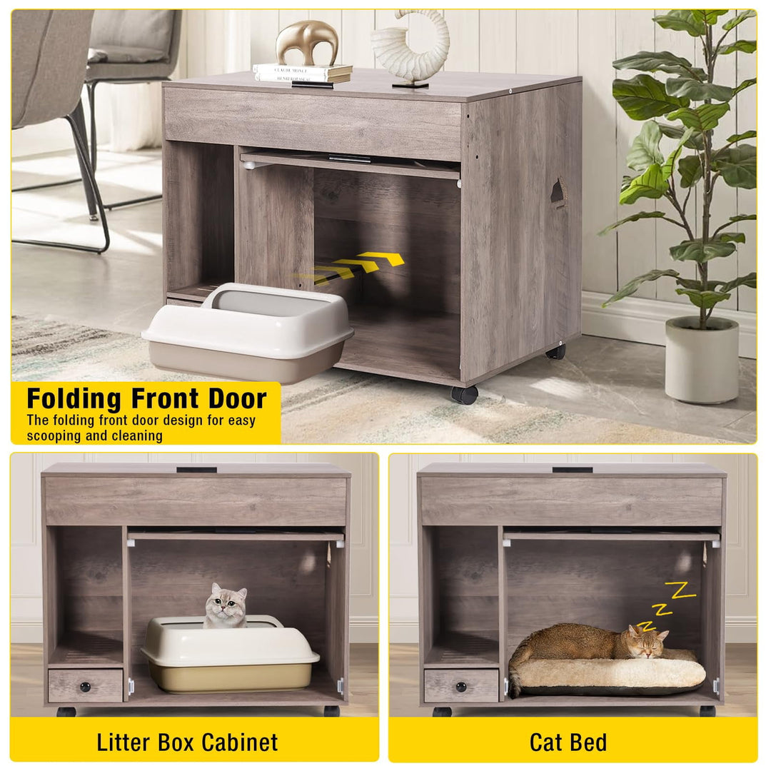 MEDEHOO Cat Litter Box Enclosure Cabinet,Flip Top Hidden Litter Box Furniture,Indoor Wooden Covered Cat House with Drawer,Wheels