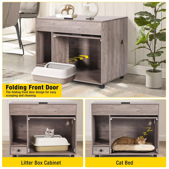MEDEHOO Cat Litter Box Enclosure Cabinet,Flip Top Hidden Litter Box Furniture,Indoor Wooden Covered Cat House with Drawer,Wheels