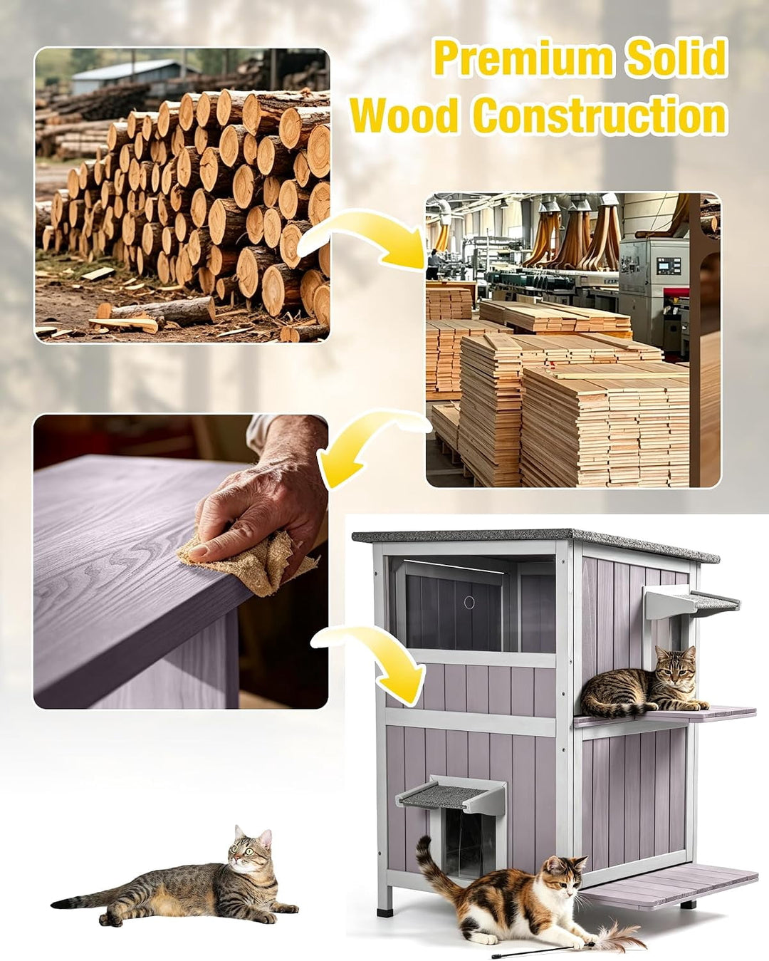 MEDEHOO 2-Story Outdoor Cat House, Weatherproof Feral Cat Shelter, Wooden Cat Cage for Outdoor and Indoor Cats Gray