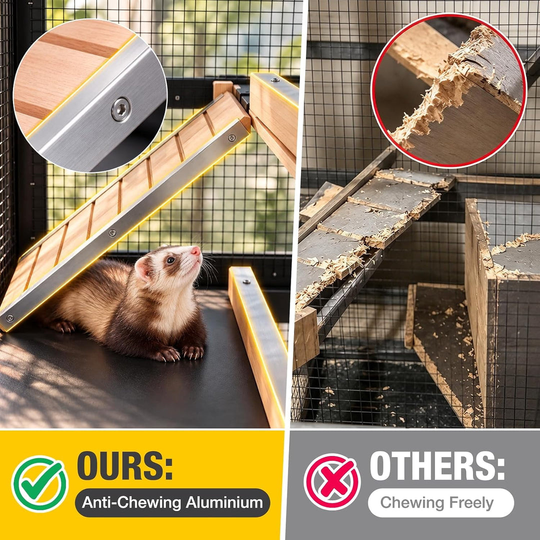 MEDEHOO 5-Tier Wooden Ferret Cage for Guinea Pigs Indoor Cage with Wheels 55.2" Large Chinchilla Cage, Chew-Resistant Edges, Leakproof Pull-Out Tray, 6 Access Doors, Easy-Clean (Black) AIR38-B-JO-WM