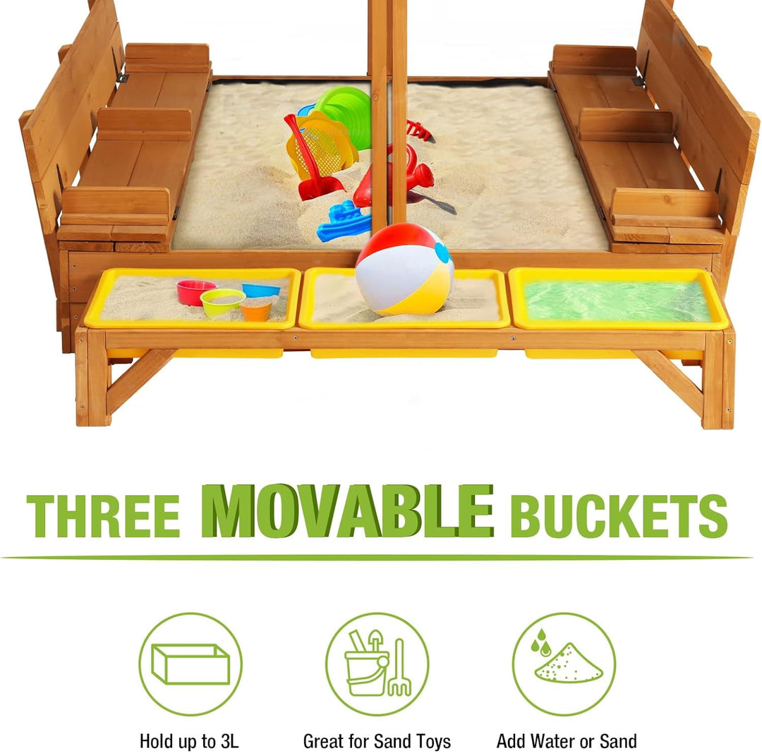 Wooden Sandbox Backyard Sand Box with Cover, Outdoor Sandbox for Kids with 3 Toy Bins