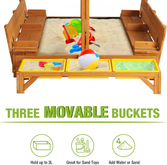 Wooden Sandbox Backyard Sand Box with Cover, Outdoor Sandbox for Kids with 3 Toy Bins