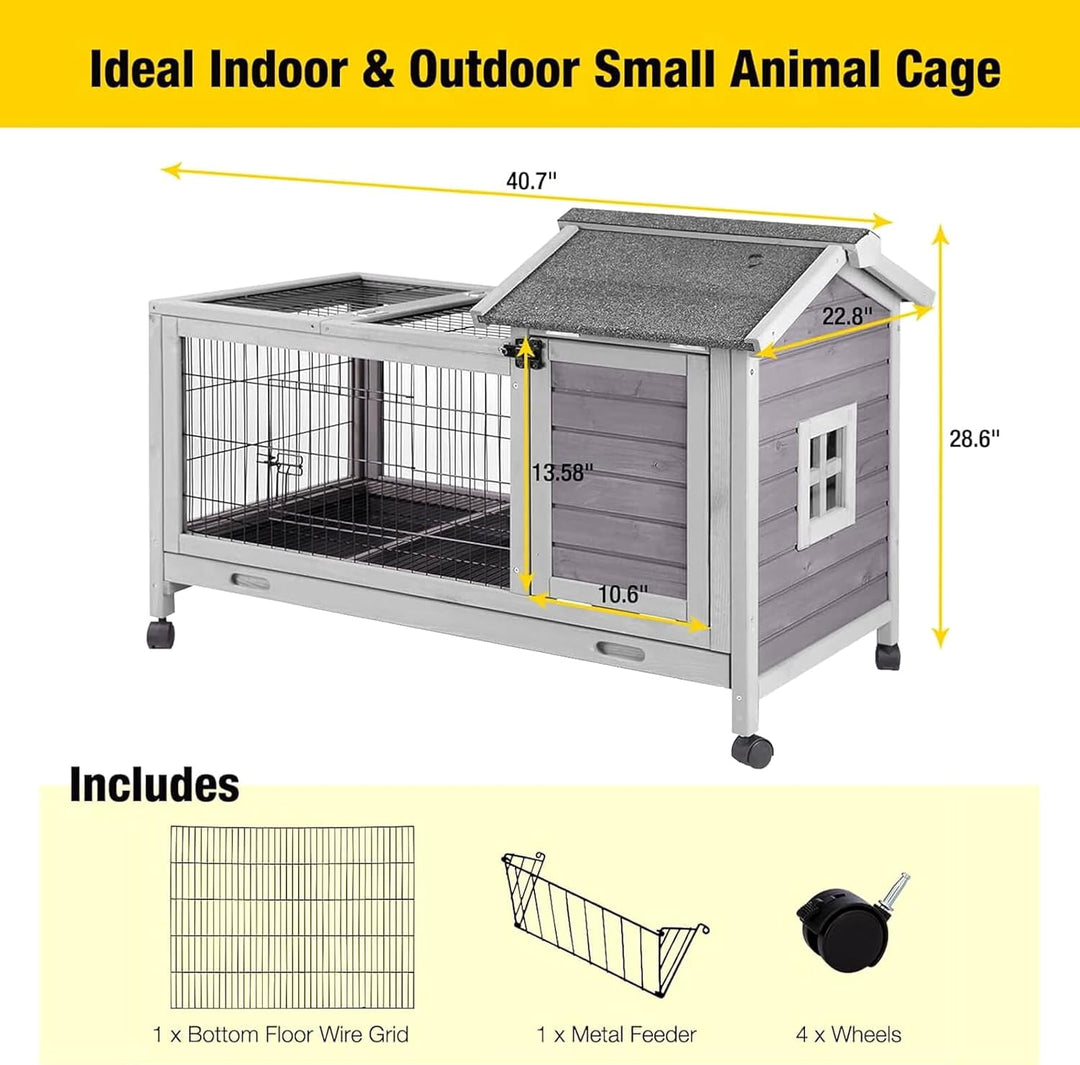 MEDEHOO 41" Mobile Rabbit Hutch with Removable Wire Floor, Wooden Bunny Cage on 4 Wheels with Deep Leak-Proof Plastic Tray, Indoor Outdoor Guinea Pig House, Gray