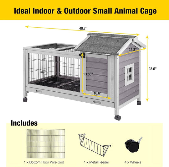 MEDEHOO 41" Mobile Rabbit Hutch with Removable Wire Floor, Wooden Bunny Cage on 4 Wheels with Deep Leak-Proof Plastic Tray, Indoor Outdoor Guinea Pig House, Gray