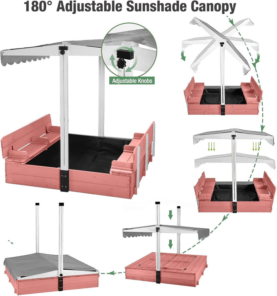 MEDEHOO 47.2"Sandbox with Lid and Cover for Kids Outdoor with 2 Foldable Bench Seats,  Adjustable Canopy and Sand Protection Liner, (Pink)