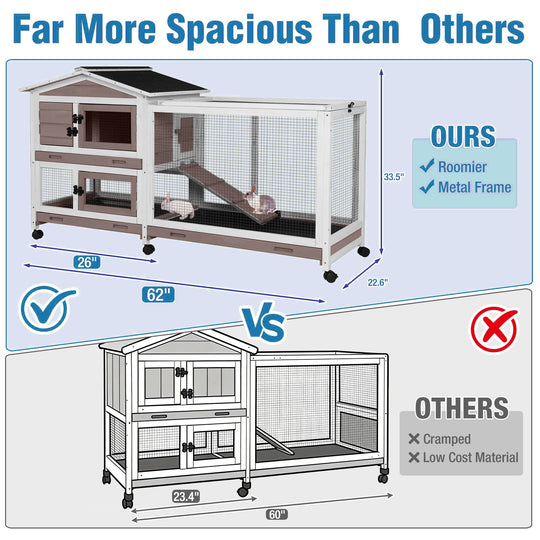 MEDEHOO Rabbit Hutch Indoor, 62’’ Bunny Hutch Outdoor, Mobile Rabbit House with Wheels, Wooden Bunny Cage with Leakproof Tray, Chew-Proof Ramp for Guinea Pig(Brown) AIR19-B-D11